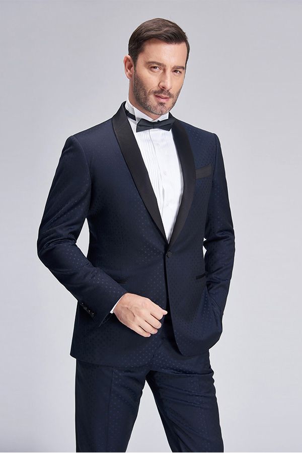 Chic Blue Dots Shawl Lapel Wedding Tuxedos Dark Navy Wedding Suits for Men-stylesnuggle