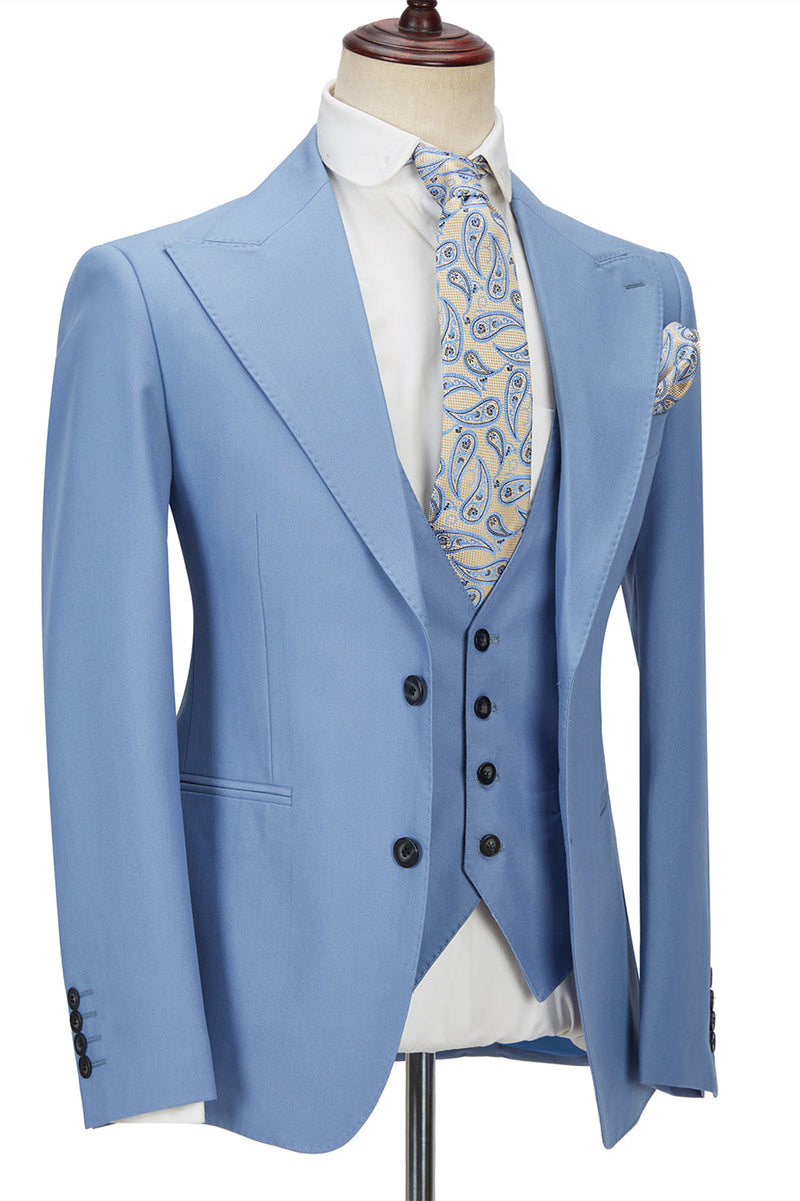 Chic Blue Peak Lapel Men's Suit 3 Piece Men's Formal Suit without Flap-stylesnuggle