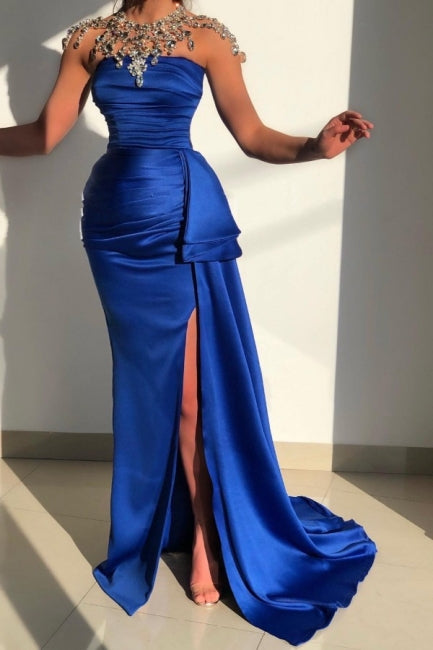 Chic Blue Strapless Sleeveless Mermaid Satin Evening Dresses-stylesnuggle