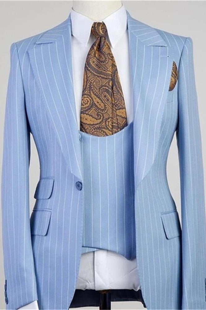 Chic Blue Stripe Peaked Lapel Three Pieces Men Suits