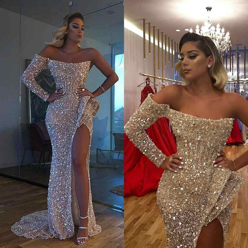 Looking for Prom Dresses, Evening Dresses in Sequined,  Mermaid style,  and Gorgeous work? stylesnuggle has all covered on this elegant Chic Crystal Beading One-shoulder Strapless Slit Mermaid Sequins Prom Gowns.