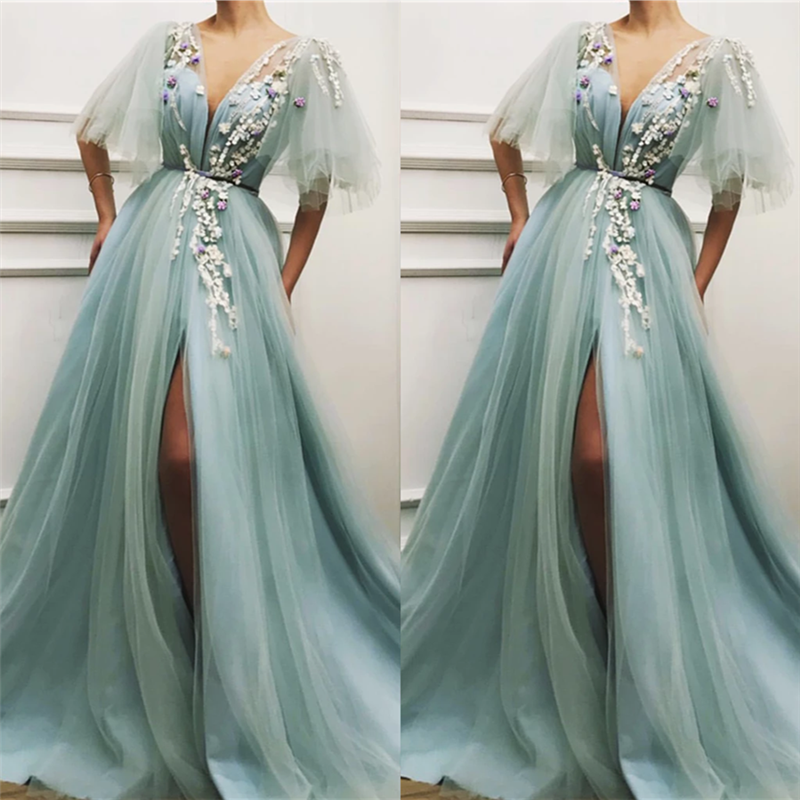 Easily attract others's attention with stylesnuggle cheap Deep V-neck Front Slit Prom Party Gowns| Short Sleeveless Tulle Appliques Long Prom Party Gowns,  all in latest design with delicate details.