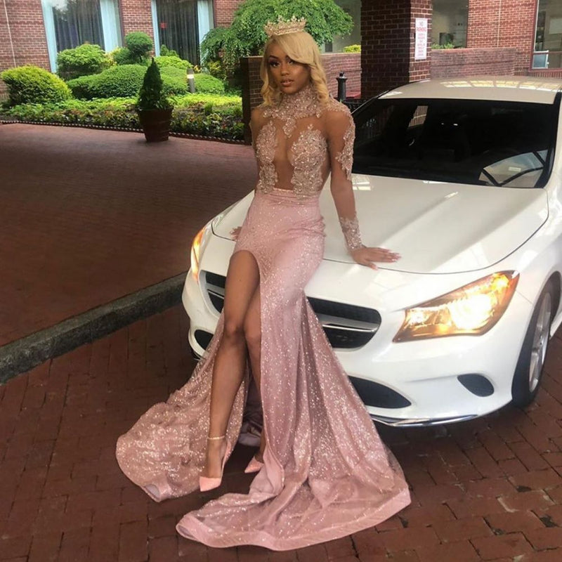 Shop Chic Dusty Pink Long Sleevess Lace Appliques New Arrival High Split Sequined Long Prom Party Gowns with stylesnuggle. We offer free shipping and custom made service for evening dresses. 32 colors available.