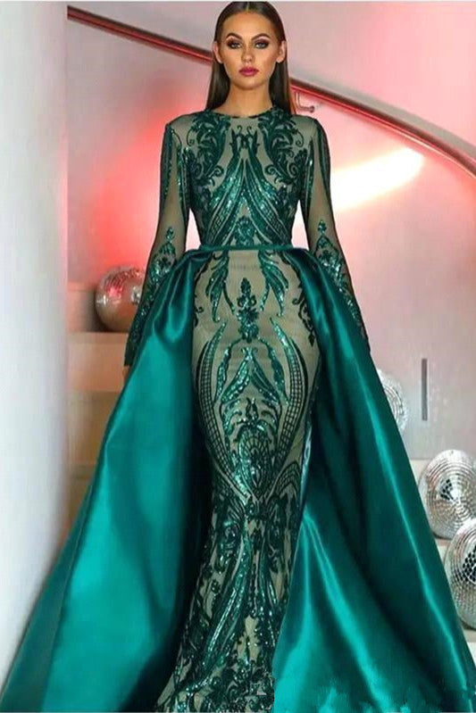 Chic Green Long Sleeve Sequins Evening Dress Overskirt-stylesnuggle