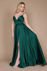 Chic Green Spaghetti-Straps Sleeveless Column Satin Evening Dresses With Ruffles-stylesnuggle