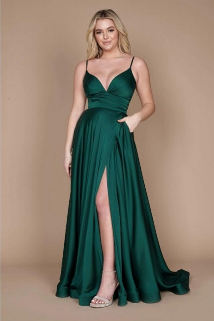 Chic Green Spaghetti-Straps Sleeveless Column Satin Evening Dresses With Ruffles-stylesnuggle