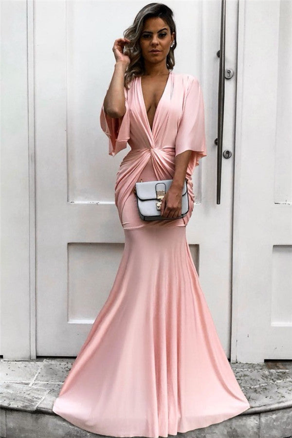 Wanna Evening Dresses in Mermaid style,  and delicate  work? stylesnuggle has all covered on this elegant Chic Half Sleeves Deep V-neck Pink Evening Dresses Chic Mermaid Formal Dresses with Pleats.