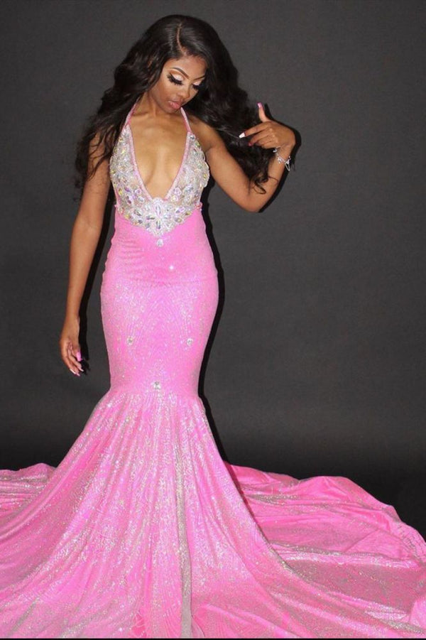 Looking for Prom Dresses, Evening Dresses in Satin,  Mermaid style,  and Gorgeous Crystal work? stylesnuggle has all covered on this elegant Chic Halter Mermaid Evening Gowns Backless Prom Dress.