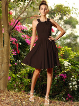 A-Line Charming Scoop Hand-Made Flower Sleeveless Short Chiffon Bridesmaid Dresses