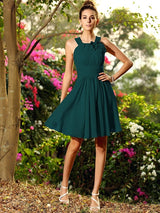 A-Line Charming Scoop Hand-Made Flower Sleeveless Short Chiffon Bridesmaid Dresses