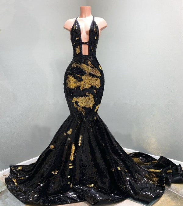 Looking for Real Model Series in Sequined,  Mermaid style,  and Gorgeous work? stylesnuggle has all covered on this elegant Chic Hollow Neckline Gold and Black Long Train Mermaid Evening Dresses.