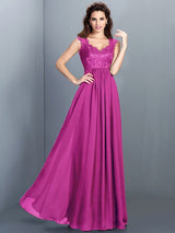 A-Line Charming Scoop Lace Sleeveless Long Chiffon Bridesmaid Dresses