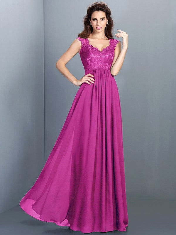 A-Line Charming Scoop Lace Sleeveless Long Chiffon Bridesmaid Dresses