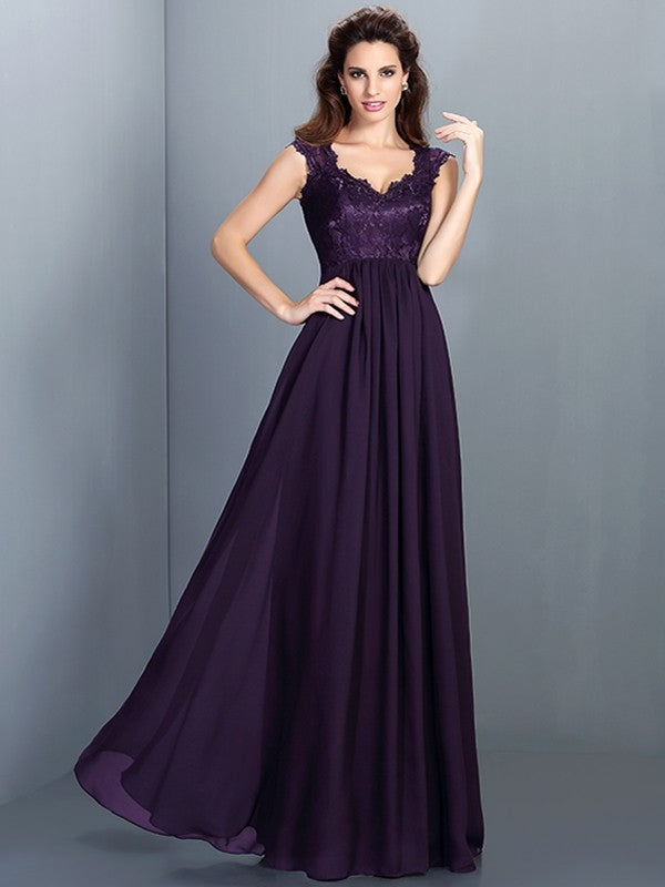 A-Line Charming Scoop Lace Sleeveless Long Chiffon Bridesmaid Dresses