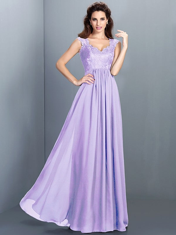 A-Line Charming Scoop Lace Sleeveless Long Chiffon Bridesmaid Dresses