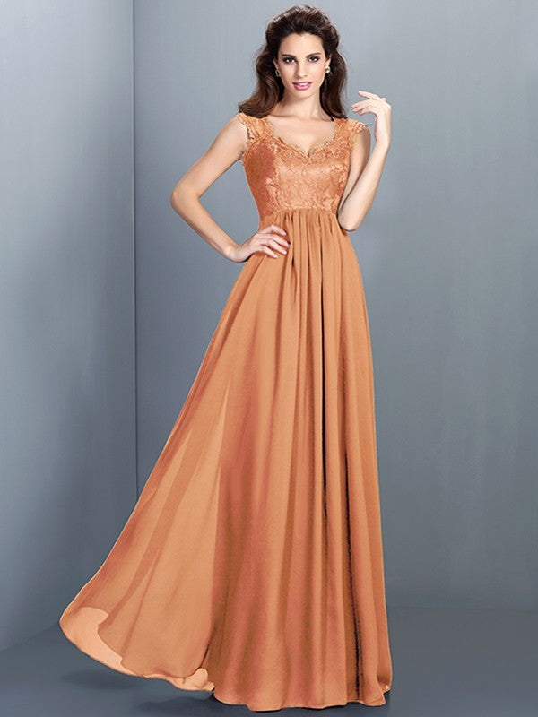 A-Line Charming Scoop Lace Sleeveless Long Chiffon Bridesmaid Dresses