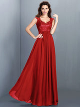 A-Line Charming Scoop Lace Sleeveless Long Chiffon Bridesmaid Dresses