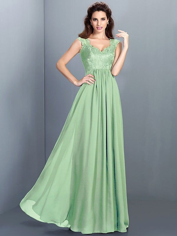 A-Line Charming Scoop Lace Sleeveless Long Chiffon Bridesmaid Dresses