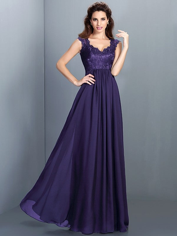 A-Line Charming Scoop Lace Sleeveless Long Chiffon Bridesmaid Dresses