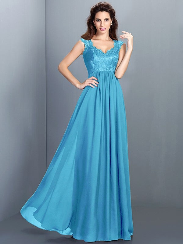 A-Line Charming Scoop Lace Sleeveless Long Chiffon Bridesmaid Dresses