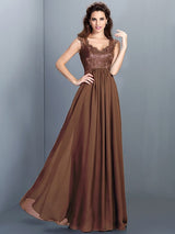 A-Line Charming Scoop Lace Sleeveless Long Chiffon Bridesmaid Dresses