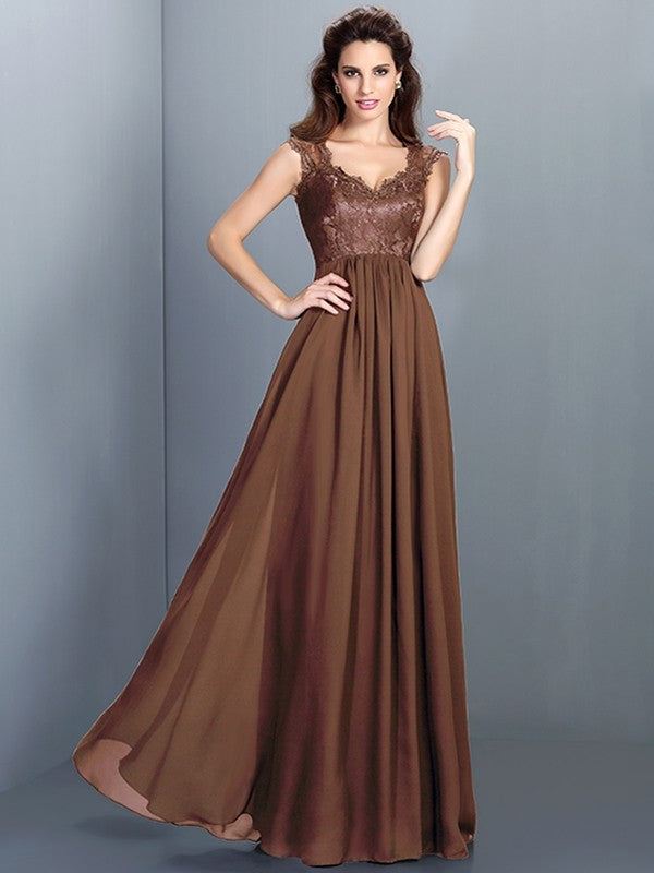 A-Line Charming Scoop Lace Sleeveless Long Chiffon Bridesmaid Dresses