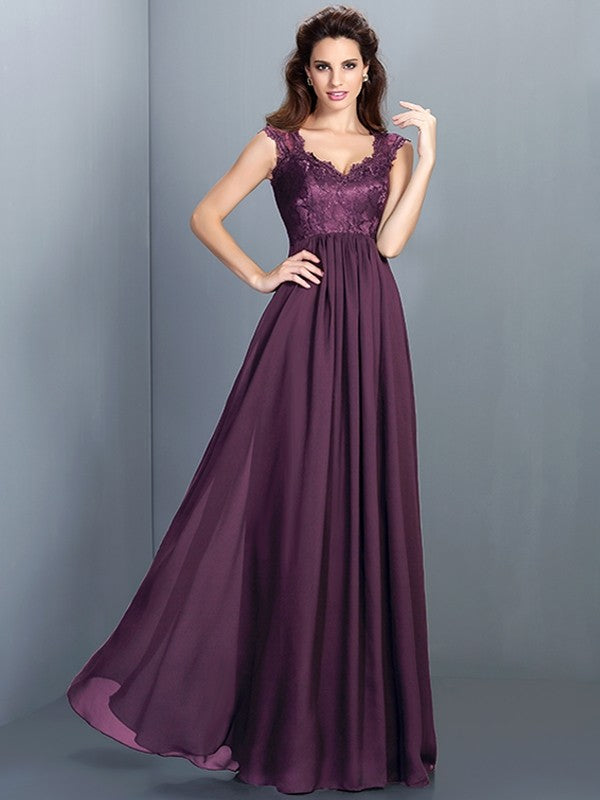 A-Line Charming Scoop Lace Sleeveless Long Chiffon Bridesmaid Dresses