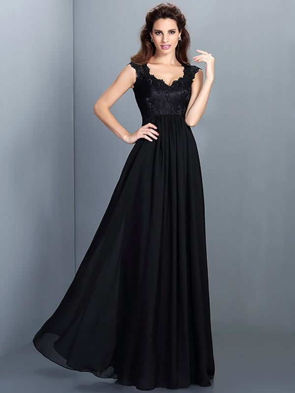 A-Line Charming Scoop Lace Sleeveless Long Chiffon Bridesmaid Dresses