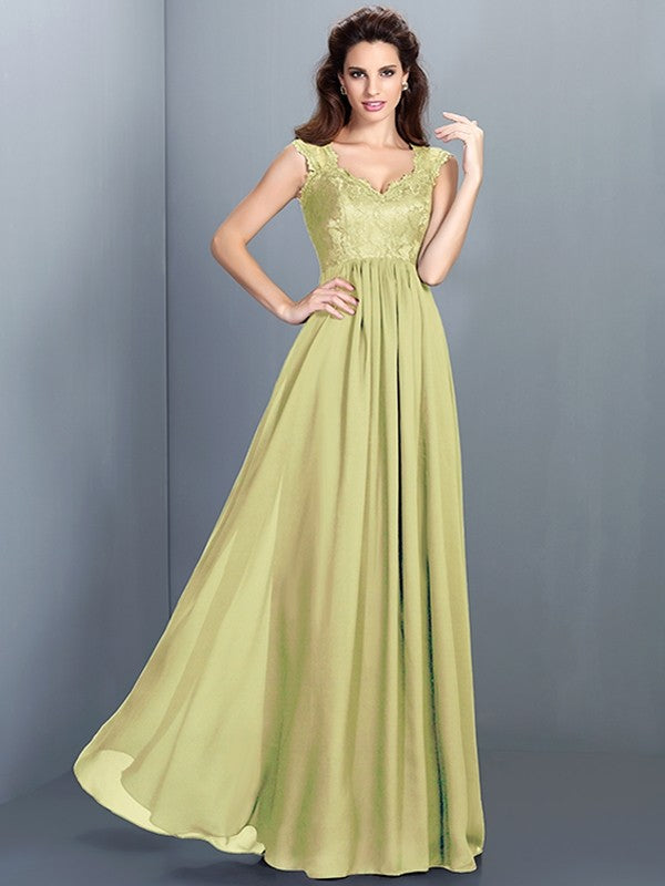 A-Line Charming Scoop Lace Sleeveless Long Chiffon Bridesmaid Dresses