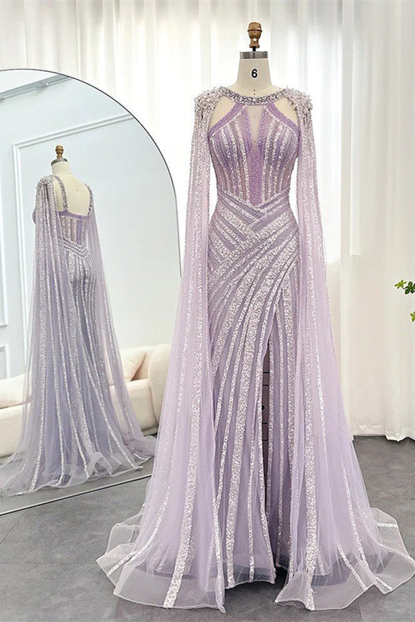 Chic Lilac Scoop Mermaid Evening Dress Split With Beadings Ruffle-stylesnuggle