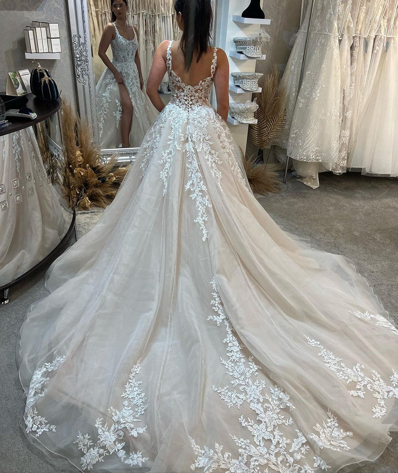 Chic Long Sleeveless Lace Wedding Dress Long Slit Online-stylesnuggle