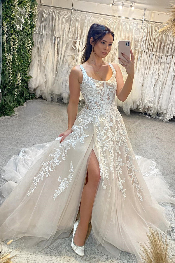 Chic Long Sleeveless Lace Wedding Dress Long Slit Online-stylesnuggle