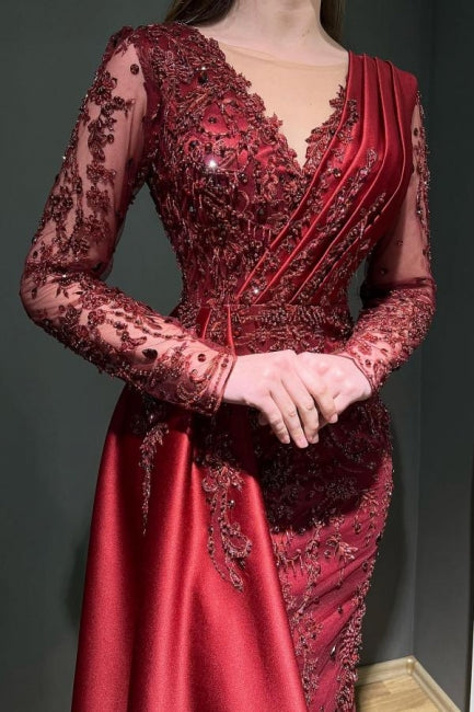 Chic Long Sleeves Burgundy Prom Dress Mermaid Long With Beads Lace Appliques-stylesnuggle