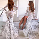 stylesnuggle custom  made Chic Long Sleeves V-Neck Prom Party Gowns| New Arrival Lace Evening Party Dress With Slit at an affordable price. Shop for gorgeous Sleeveless collections for your big day.