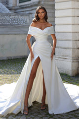 Chic Long White Off-the-Shoulder Front Split Long Wedding Dress With Detachable Train-stylesnuggle