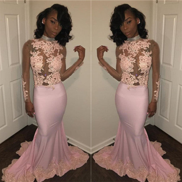 stylesnuggle.com custom made this pink mermaid appliques high neck Prom Party Gownsin high quality,  we sell dresses On Sale all over the world. Also,  extra discount are offered to our customers. We will try our best to satisfy everyone and make the dress fit you.