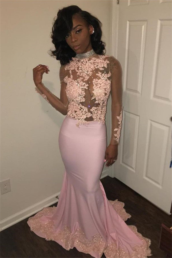 stylesnuggle.com custom made this pink mermaid appliques high neck Prom Party Gownsin high quality,  we sell dresses On Sale all over the world. Also,  extra discount are offered to our customers. We will try our best to satisfy everyone and make the dress fit you.