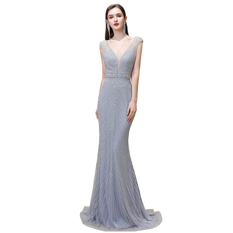 Looking for Prom Dresses, Evening Dresses, Homecoming Dresses, Quinceanera dresses in Tulle,  Mermaid style,  and Gorgeous Beading, Crystal, Sequined, Rhinestone work? stylesnuggle has all covered on this elegant Chic Mermaid V-neck Silver Mermaid Prom Dress.