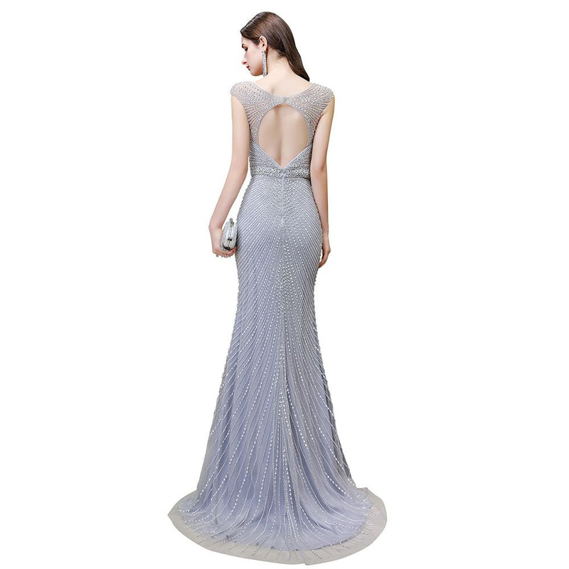 Looking for Prom Dresses, Evening Dresses, Homecoming Dresses, Quinceanera dresses in Tulle,  Mermaid style,  and Gorgeous Beading, Crystal, Sequined, Rhinestone work? stylesnuggle has all covered on this elegant Chic Mermaid V-neck Silver Mermaid Prom Dress.