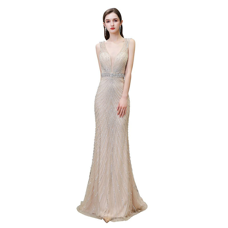 Looking for Prom Dresses, Evening Dresses, Homecoming Dresses, Quinceanera dresses in Tulle,  Mermaid style,  and Gorgeous Beading, Crystal, Sequined, Rhinestone work? stylesnuggle has all covered on this elegant Chic Mermaid V-neck Silver Mermaid Prom Dress.