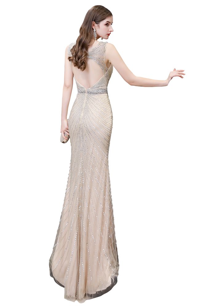 Looking for Prom Dresses, Evening Dresses, Homecoming Dresses, Quinceanera dresses in Tulle,  Mermaid style,  and Gorgeous Beading, Crystal, Sequined, Rhinestone work? stylesnuggle has all covered on this elegant Chic Mermaid V-neck Silver Mermaid Prom Dress.