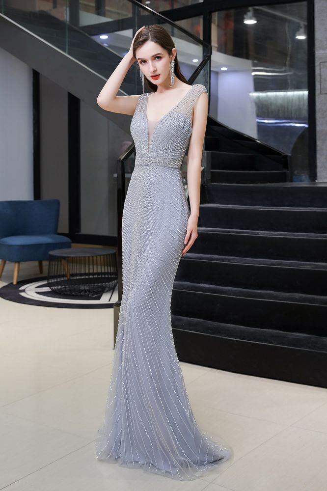 Looking for Prom Dresses, Evening Dresses, Homecoming Dresses, Quinceanera dresses in Tulle,  Mermaid style,  and Gorgeous Beading, Crystal, Sequined, Rhinestone work? stylesnuggle has all covered on this elegant Chic Mermaid V-neck Silver Mermaid Prom Dress.