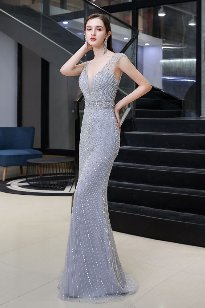 Looking for Prom Dresses, Evening Dresses, Homecoming Dresses, Quinceanera dresses in Tulle,  Mermaid style,  and Gorgeous Beading, Crystal, Sequined, Rhinestone work? stylesnuggle has all covered on this elegant Chic Mermaid V-neck Silver Mermaid Prom Dress.