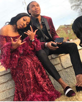 stylesnuggle offers Chic Off-the-shoulder Burgundy Shining Sequined Long Prom Party Gowns with Fur at a cheap price from Sequined to A-line Floor-length hem. Gorgeous yet affordable Long Sleevess Prom Dresses.