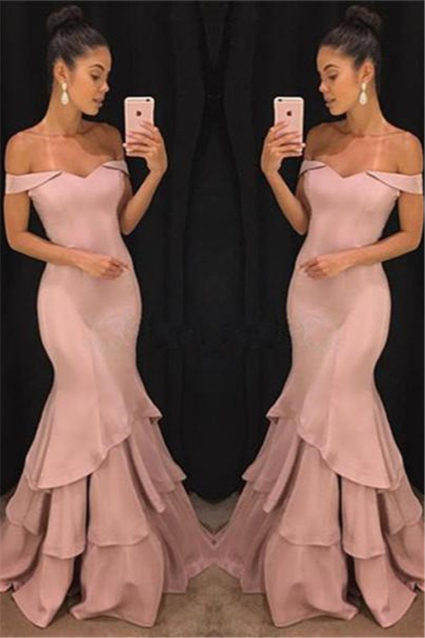 Chic Off-the-Shoulder Mermaid Prom Dresses Tiered Pink Ruffles Evening Gowns On Sale-stylesnuggle