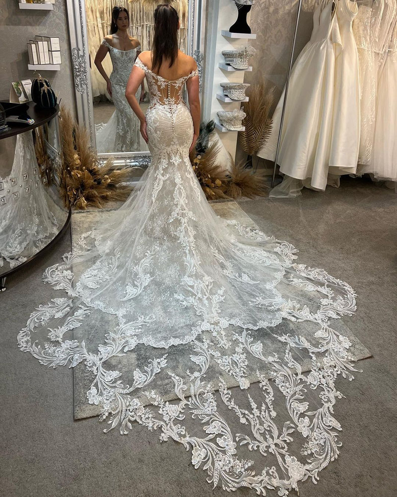 Chic Off-the-Shoulder Sleeveless Mermaid Lace Wedding Dress with Cathedral Train-stylesnuggle