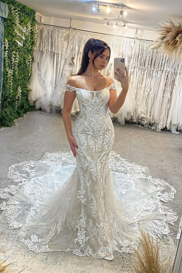 Chic Off-the-Shoulder Sleeveless Mermaid Lace Wedding Dress with Cathedral Train-stylesnuggle