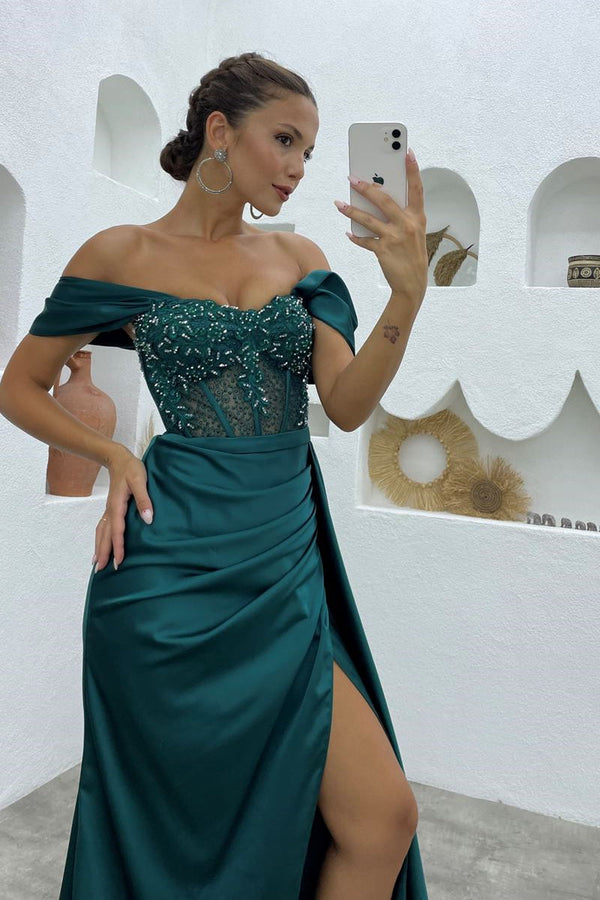 Chic Off-the-Shoulder Sleeveless Mermaid Prom Dresses Long Slit Online-stylesnuggle