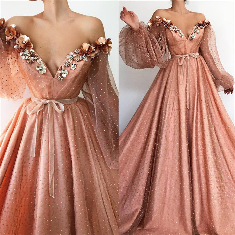 Looking for a Charming sequins beading prom dress? stylesnuggle custom made you multiple affordable Chic Off-the-Shoulder V-neck Long  Tulle Beading Long Sleevess Prom Party Gowns with 30 colors.