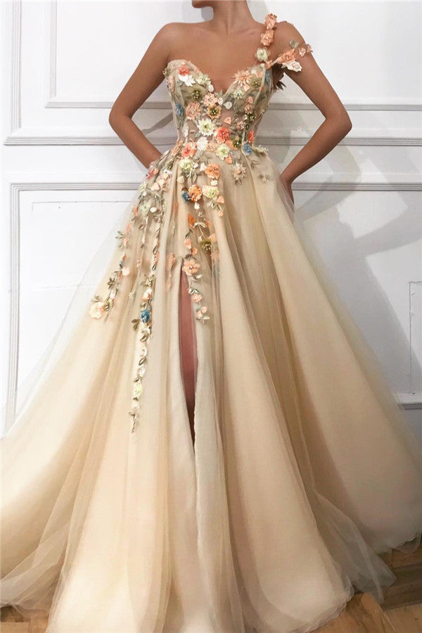 Looking for a chic one shoulder flowers prom dress? stylesnuggle custom made you multiple affordable One Shoulder Strap Tulle Sweetheart Front Slit Appliques Flowers Prom Party Gowns with 30 colors.